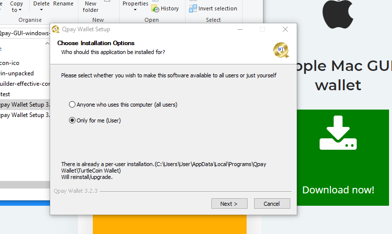 Screenshot of the installer utility for windows