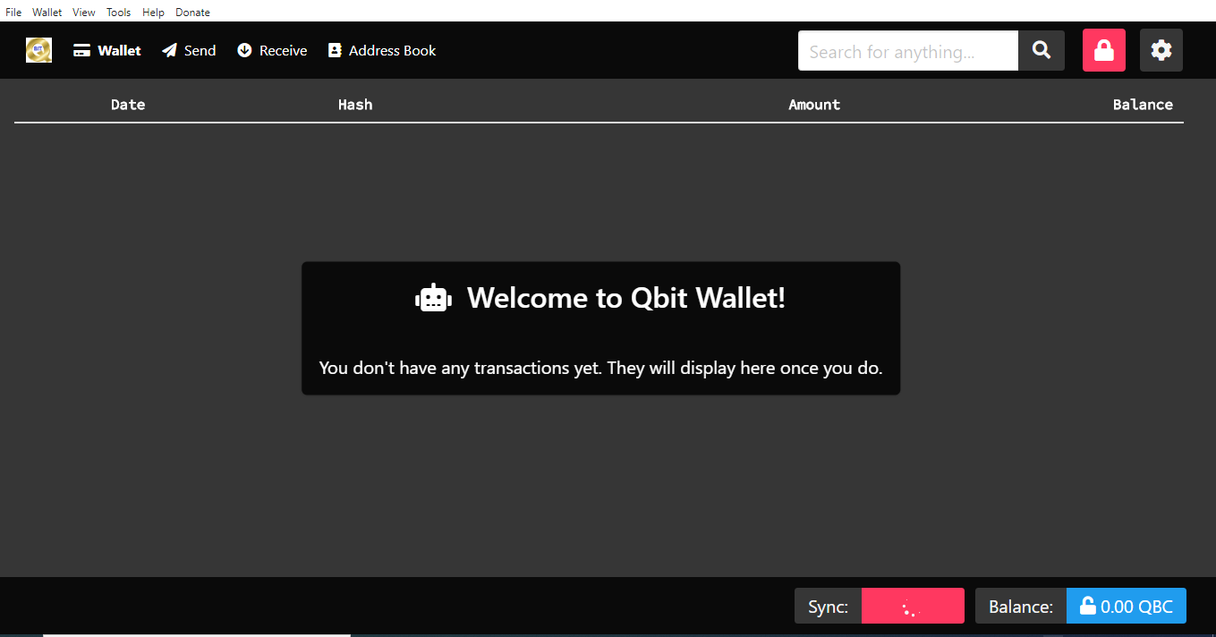 Screenshot of Qbit-wallet running